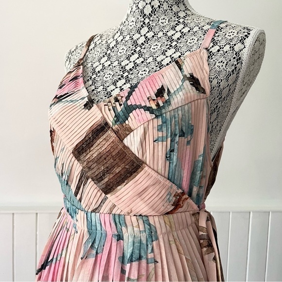 Pastel Chiffon Lace Patchwork Pleated Wrap Dress Size L - Picture 4 of 15